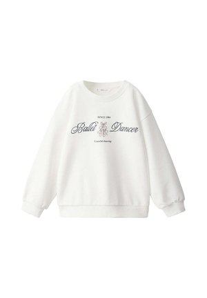 Sweat-shirt blanc col rond à manches longues, avec le texte "Ballet Dancer" et un motif de chaussons de ballet au centre devant.