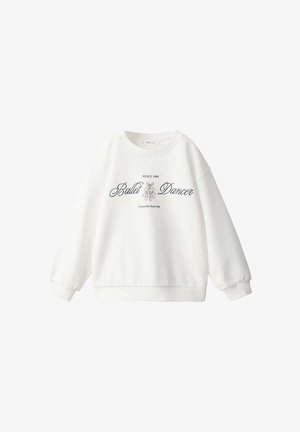 Sweat-shirt blanc col rond à manches longues, avec le texte "Ballet Dancer" et un motif de chaussons de ballet au centre devant.