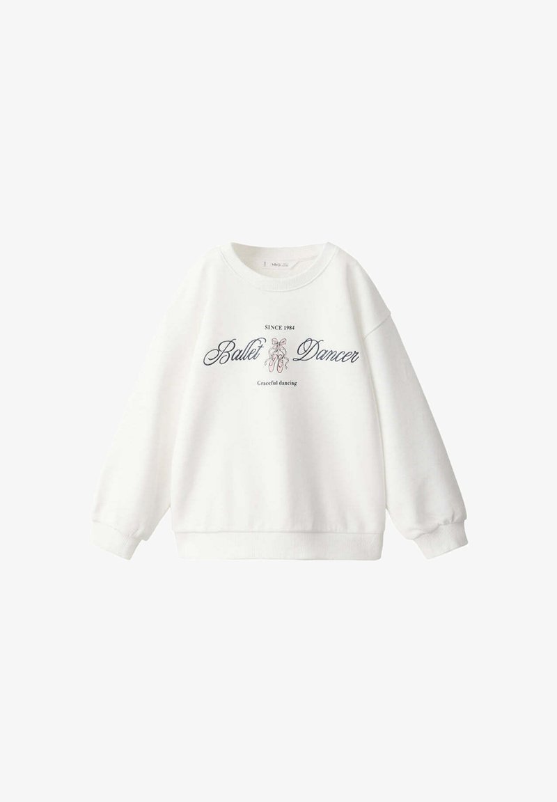 Sweat-shirt blanc col rond à manches longues, avec le texte "Ballet Dancer" et un motif de chaussons de ballet au centre devant.