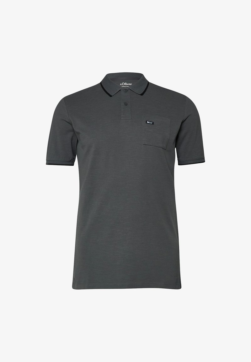 Polo manches courtes gris foncé avec deux boutons, une poche poitrine avec une petite étiquette et un col classique.