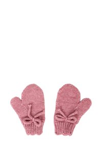 Coppia di mittoni per neonati rosa a maglia con polsini a coste e fiocchetti decorativi su sfondo bianco.