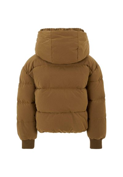 Brun pufferjakke med hætte, der har et quiltet mønster, ribbede manchetter og en cropped silhuet. Blødt, mat finishmateriale.
