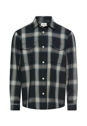 Langærmet skjorte med knapper, sort, gråt og hvidt ternet mønster, to brystlommer med klapper og almindelig krave.