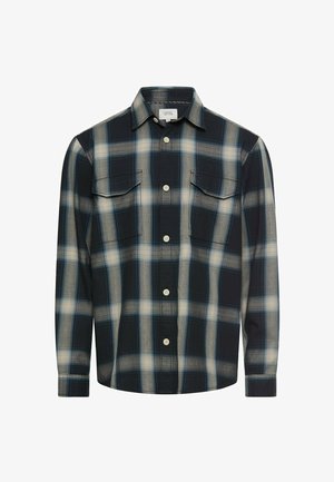 Langærmet skjorte med knapper, sort, gråt og hvidt ternet mønster, to brystlommer med klapper og almindelig krave.