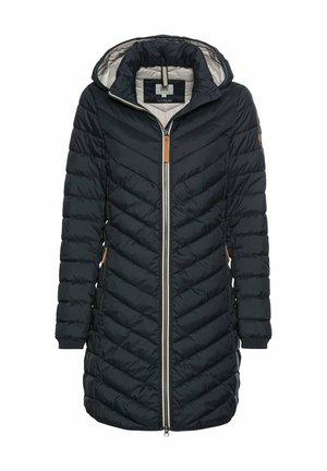 Lange, marineblaue Daunenjacke mit Zickzacksteppung, Kapuze, durchgehendem Reißverschluss und kontrastierenden beigen Akzenten. Verfügt über Seitentaschen.