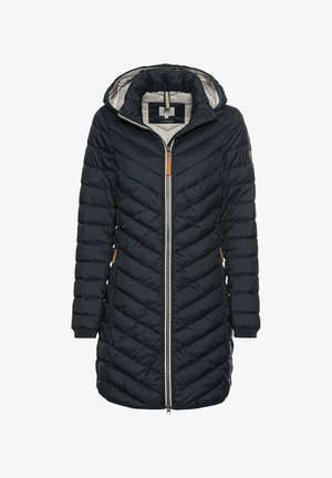 Lange, marineblaue Daunenjacke mit Zickzacksteppung, Kapuze, durchgehendem Reißverschluss und kontrastierenden beigen Akzenten. Verfügt über Seitentaschen.