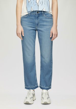 Light blue denim jeans with a straight-leg cut, featuring a front button closure, two front pockets, and frayed hem details. Worn with sneakers.