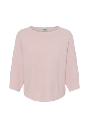 Šviesiai rožinis megztinis su trimis ketvirtadaliais rankovių ir apvaliu iškirptės dizainu, pateiktas ant balto fono.