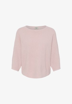 Svetlo roza pleten pulover s tremi četrtinami rokavov in okroglim izrezom, prikazan na belem ozadju.