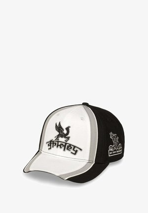 Gorra de béisbol en blanco y negro con visera curva. Presenta un logo bordado de un caballo alado y texto en hindi, con un gráfico en el lado.