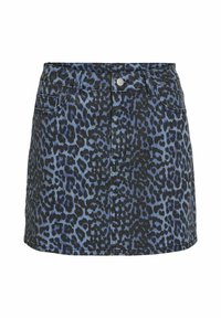 Jeanskjol med ett mönster av blå och svarta leopardfläckar, med en figurnära passform, femficksdesign och metallknappslutning.