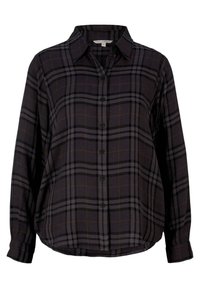 Svart rutigt skjorta med knappar, med orange och grå linjer, tillverkad av mjukt tyg. Har krage och långa ärmar, med något rundad nederkant.