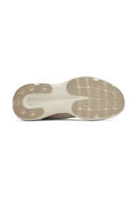 Running shoe sole with a beige rubber outsole, textured surface, and circular grip patterns. Features cushioning along the midsole.