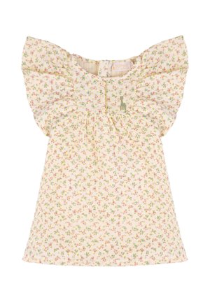 Vestito giallo per bambina con maniche svolazzanti, piccola fantasia floreale, bottoni frontali e una piccola giraffa verde ricamata vicino al petto.