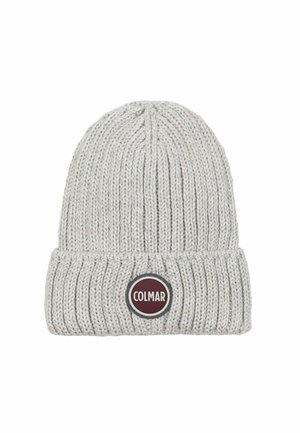 Lichtgrijze gebreide beanie met een geribbelde textuur en een omgevouwen manchet. Bevat een ronde, kastanjebruine label met het "COLMAR"-logo.