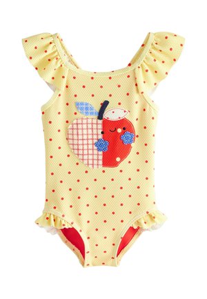 Kollane täpiline ujumistrikoo rüüsääre paeltega ja õunapealekandega, millel on ruudulise mustri ja värvikate detailidega rinnal.