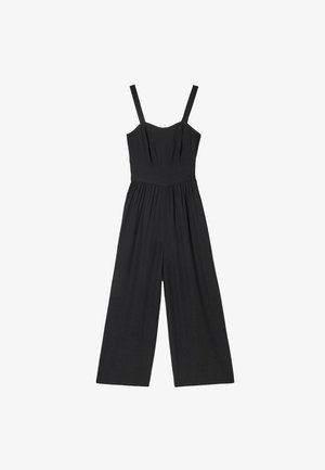 Combinaison noire sans manches avec jambes larges, taille ajustée et encolure carrée avec fines bretelles.