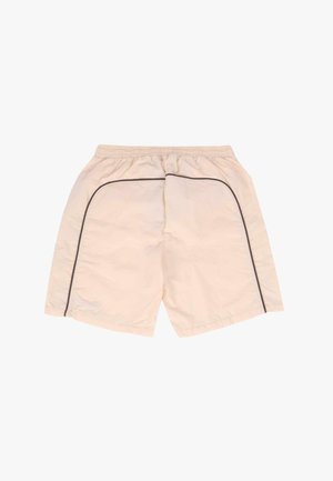 Beige shorts med elastisk talje. Letvægtsmateriale med mørk piping langs side sømmene. Enkel, klassisk design.