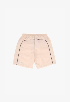 Beige lühikesed püksid elastse vöökoha ja kerge materjaliga, millel on tumedad pipingud külgõmblustes. Lihtne ja klassikaline disain.