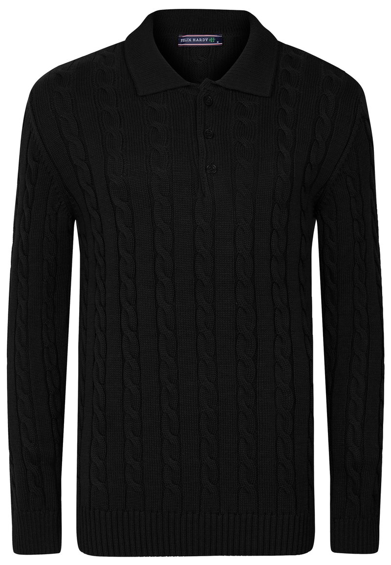 Mustmustri kootud pullover, millel on nöörimise muster, varrukatega kaelus ja kolme nupuga tõmblukk, soonikuga mansetid ja alumine serv.