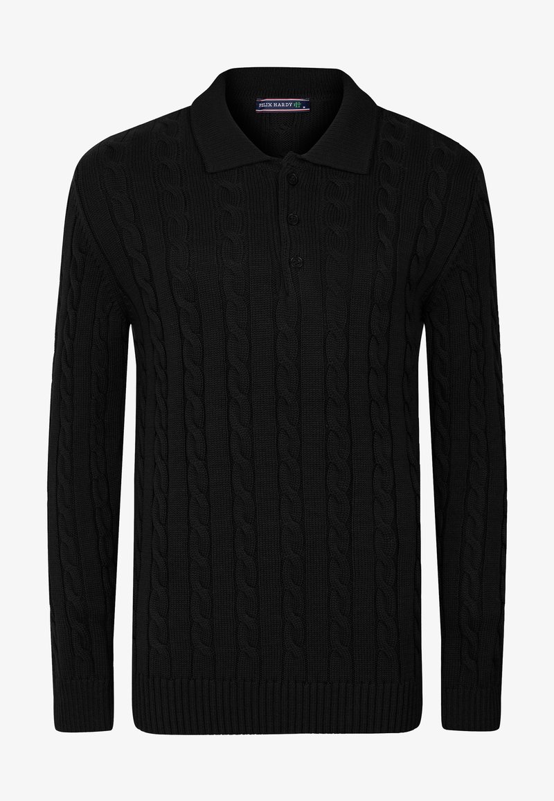 Suéter negro de punto con un patrón de trenzado, que presenta un cuello con solapa y una tapeta de tres botones, puños y dobladillo acanalados.