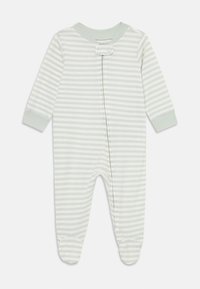 Combinaison en menthe rayée pour bébé avec des manches longues, fermeture à boutons, design pieds et texture douce pour le confort. Style minimaliste.