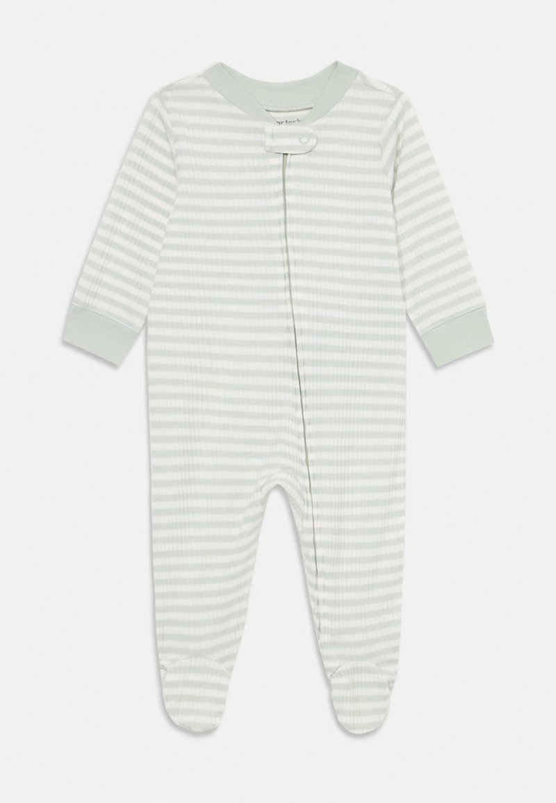 Combinaison en menthe rayée pour bébé avec des manches longues, fermeture à boutons, design pieds et texture douce pour le confort. Style minimaliste.