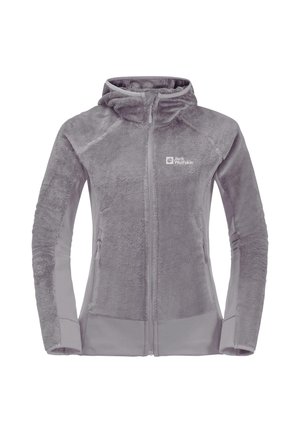 Hellgraue Fleecejacke mit durchgehendem Reißverschluss, Kapuze, seitlichen Taschen und Jack Wolfskin-Logo auf der linken Brust.