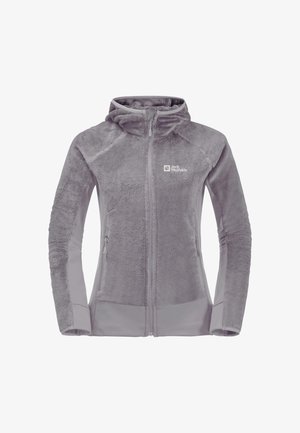Lichtgrijze fleece jas met volledige ritssluiting, capuchon, zijzakken en Jack Wolfskin-logo op de linkerborst.