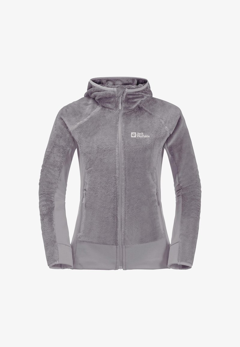 Chaqueta de forro polar gris claro con cremallera completa, capucha, bolsillos laterales y logo de Jack Wolfskin en el pecho izquierdo.