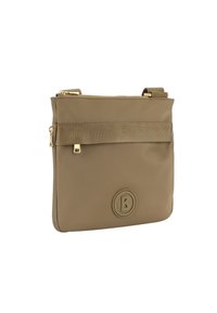 Borsa a tracolla in nylon verde oliva con un accento in tessuto testurizzato, chiusura superiore con zip e logo circolare impressato. Presenta spallacci regolabili.