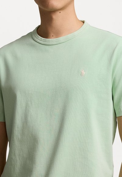 Ljusgrön bomullströja med rund halsringning och korta ärmar, med en liten broderad logo på vänster bröst.