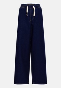 Wide-leg dark blue denim trousers with an elasticated waistband, drawstring detail, side pockets, and contrasting yellow stitching.