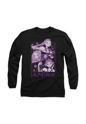 Black long-sleeve shirt featuring a purple graphic of three stylized characters and the text "HUNTRAX" at the bottom, set against a starry background.
