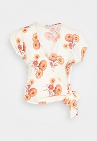 Květinový top s hlubokým výstřihem ve smetanové barvě. Má vzory oranžových a žlutých květin, krátké rukávy a detail vázání na boku.