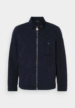 Navy blue jacket made of lightweight fabric, featuring a zipper closure, collar, chest pocket, and a subtle textured finish.