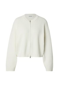Witte geribde trui met een cropped ontwerp, rits aan de voorkant en verlaagde schouders. Heeft een ronde halslijn en een zachte textuur.