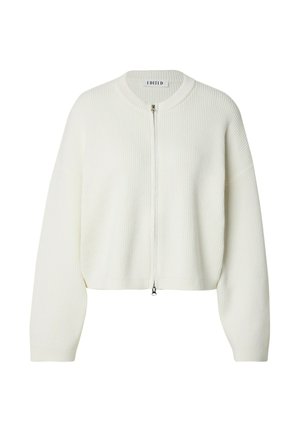 Witte geribde trui met een cropped ontwerp, rits aan de voorkant en verlaagde schouders. Heeft een ronde halslijn en een zachte textuur.