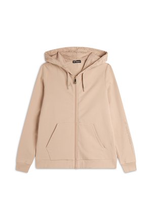 Felpa leggera beige chiusa con zip, realizzata in tessuto morbido, con una fodera del cappuccio a fantasia, tasche frontali e polsini a coste con dettaglio del logo.