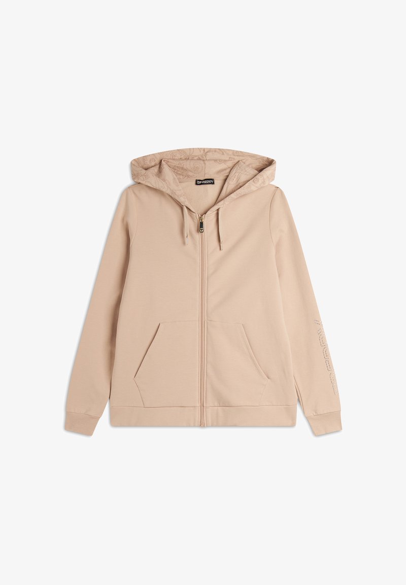 Felpa leggera beige chiusa con zip, realizzata in tessuto morbido, con una fodera del cappuccio a fantasia, tasche frontali e polsini a coste con dettaglio del logo.