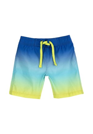 Bañador de graduación azul con dobladillo amarillo y cordón. Hecho de material ligero, con cintura elástica y costuras planas.