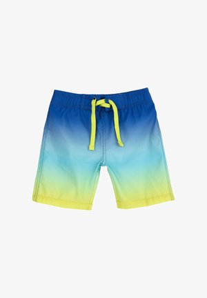 Shorts de bain dégradés bleus avec un ourlet et un cordon de serrage jaunes. Fabriqués en matériau léger, dotés d'une taille élastique et de coutures plates.
