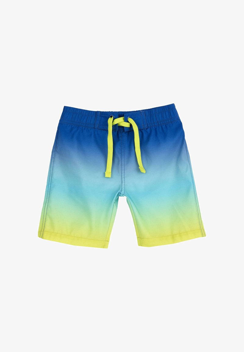 Shorts de bain dégradés bleus avec un ourlet et un cordon de serrage jaunes. Fabriqués en matériau léger, dotés d'une taille élastique et de coutures plates.