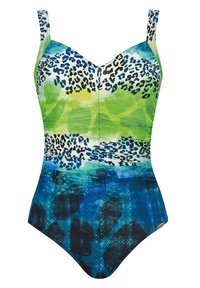 Maillot de bain une pièce avec un motif aquarelle vert et bleu, accents de motifs animaliers noirs, bretelles réglables et un design structuré.