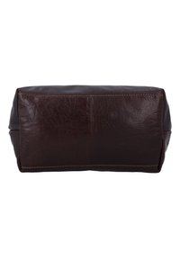 Dunkelbrauner rechteckiger Leder-Taschenboden mit sichtbaren Nähten auf weißem Hintergrund.