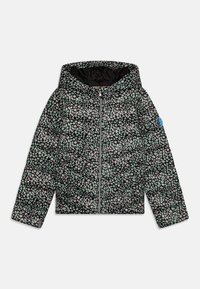 Chaqueta negra acolchada con capucha, con un patrón floral en verde claro y rosa, cremallera frontal y puños elásticos.