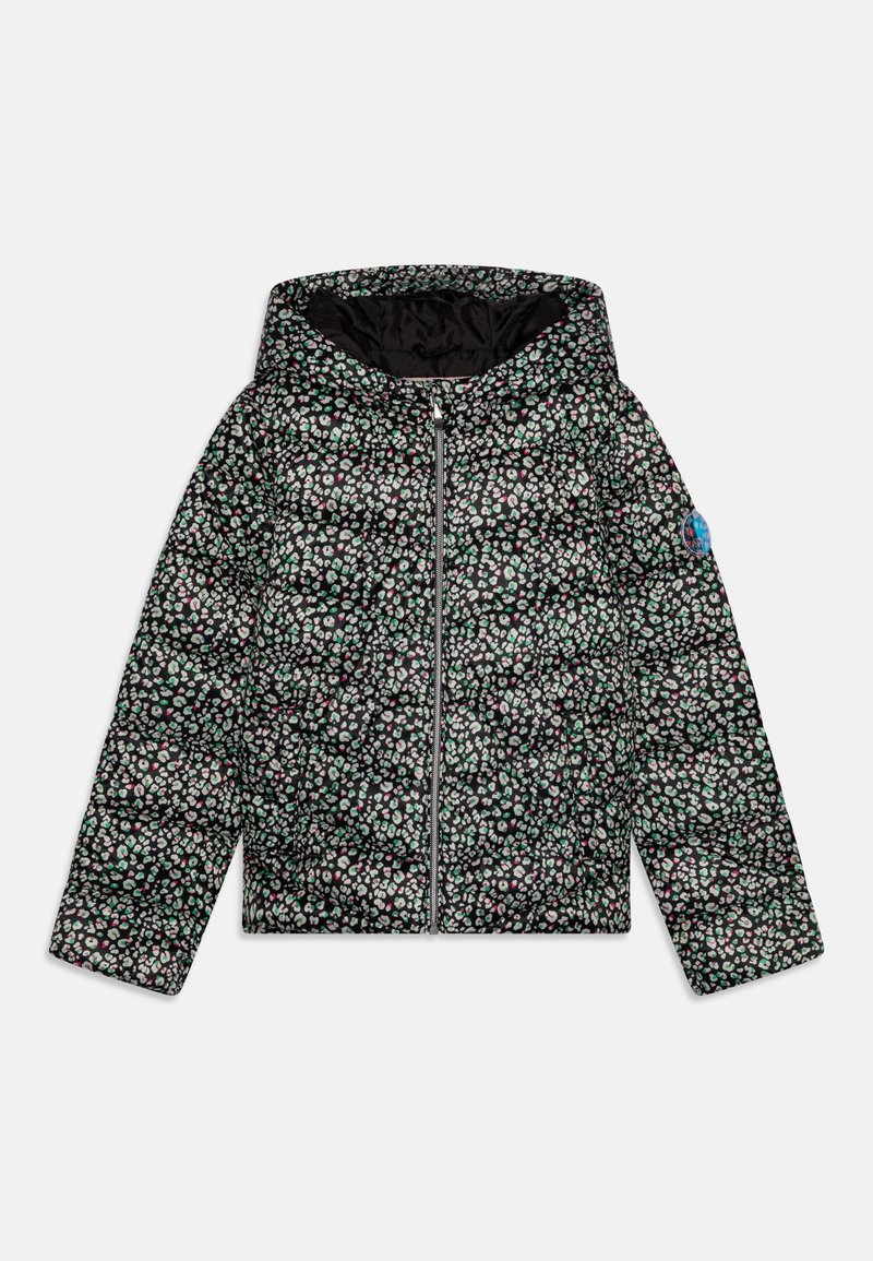 Chaqueta negra acolchada con capucha, con un patrón floral en verde claro y rosa, cremallera frontal y puños elásticos.