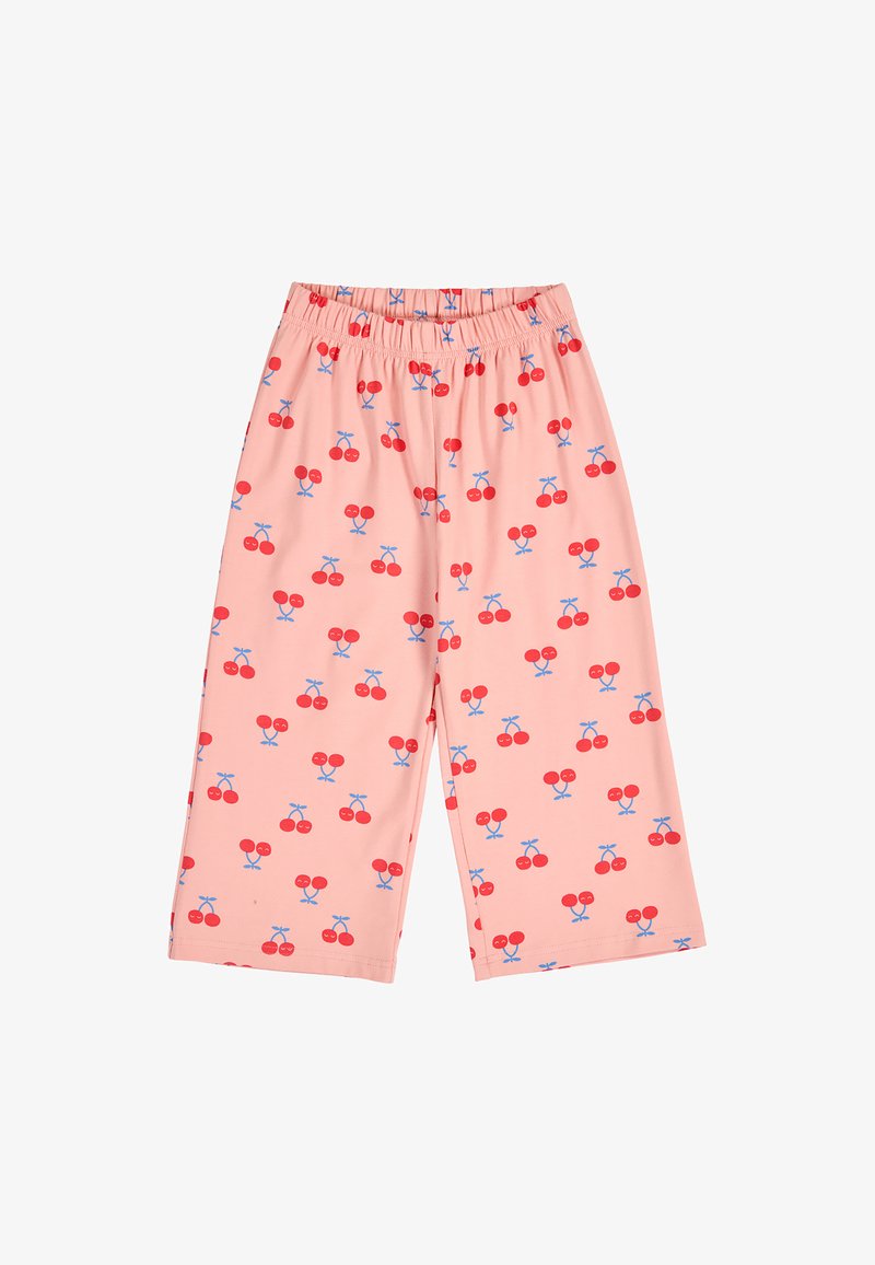 Short rose à taille élastique avec un motif de cerises rouges et de tiges bleues réparties uniformément sur le tissu.