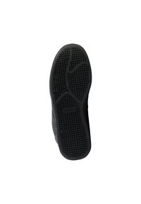 Black rubber shoe sole with textured grip pattern. Features curved edges and a flat design. Solid black color throughout, no additional details.