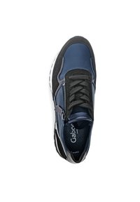 Sneaker navy e nera con lacci neri e una zip laterale, vista dall'alto su uno sfondo bianco.